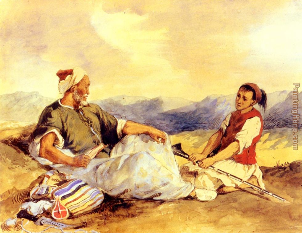 Two Moroccans Seated In The Countryside painting - Eugene Delacroix Two Moroccans Seated In The Countryside art painting